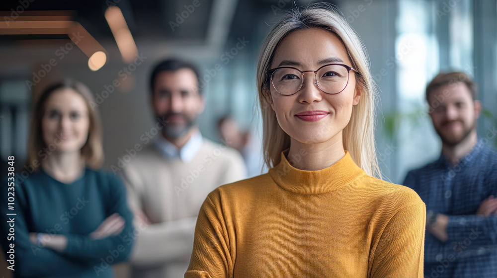 A group of people are standing together, one of them is wearing glasses