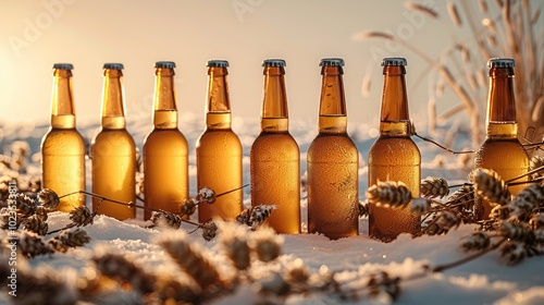 Set of 6 local beer bottles on cream background, winter theme, hops and barley on the ground. photo