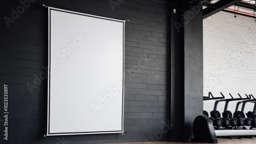 Banners hanging in gym mockup, perfect for fitness branding or advertising. Showcase your designs on a blank banner displayed in a modern gym environment.