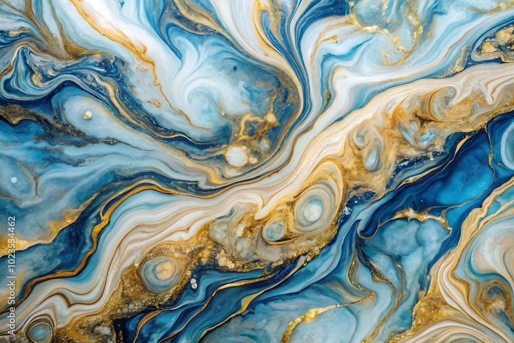 Abstract fluid art, swirling patterns, blue and gold marbling Abstract fluid art, swirling patterns, blue and gold marbling
