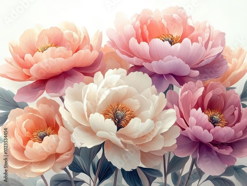 group of beautiful peony flowers isolated against a pure white background, showcasing their delicate petals, soft colors, and intricate textures in a vivid and fresh composition