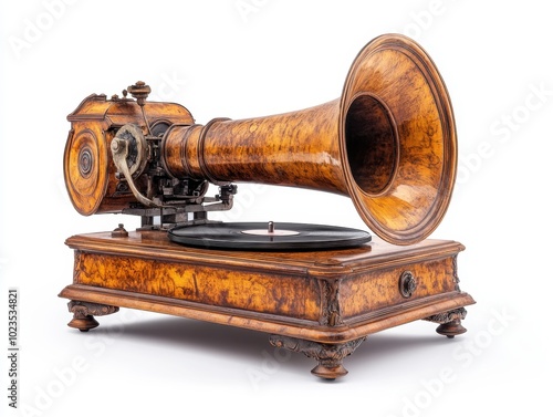 A single antique gramophone with a vintage design, evoking nostalgia and charm, isolated on white background. 