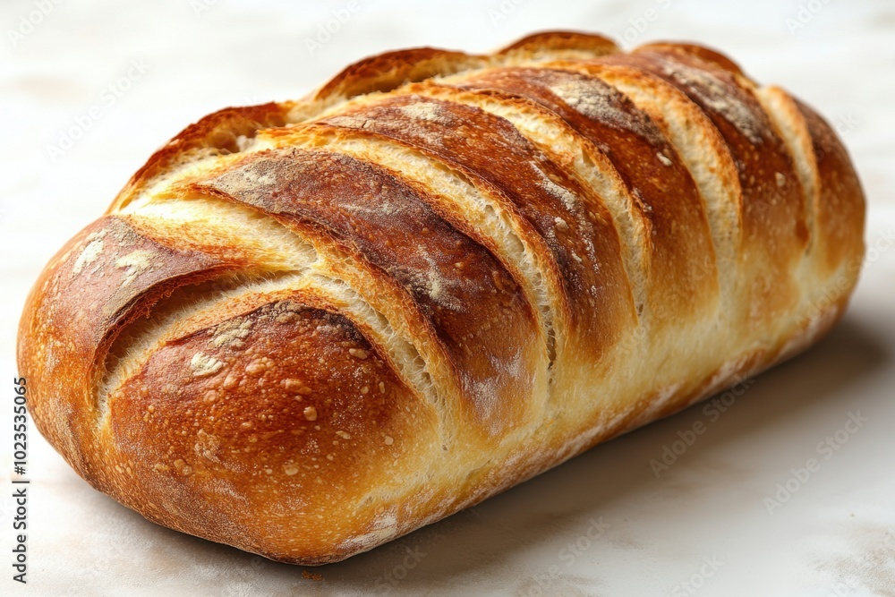 A single artisanal loaf of bread with a golden crust, showcasing its texture and rustic appeal, isolated on white background. A single artisanal loaf of bread with a golden crust, showcasing its texture and rustic appeal, isolated on white background.
