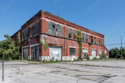 Crumbling red brick industrial building with broken windows, representing urban decay and economic decline photo