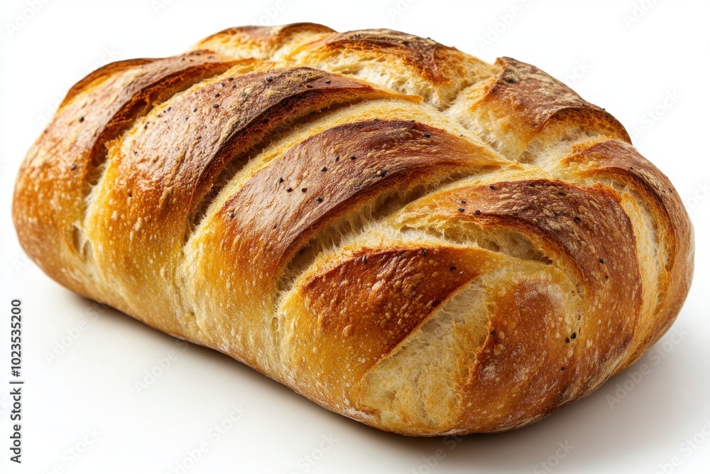 A single artisanal loaf of bread with a golden crust, showcasing its texture and rustic appeal, isolated on white background. A single artisanal loaf of bread with a golden crust, showcasing its texture and rustic appeal, isolated on white background.