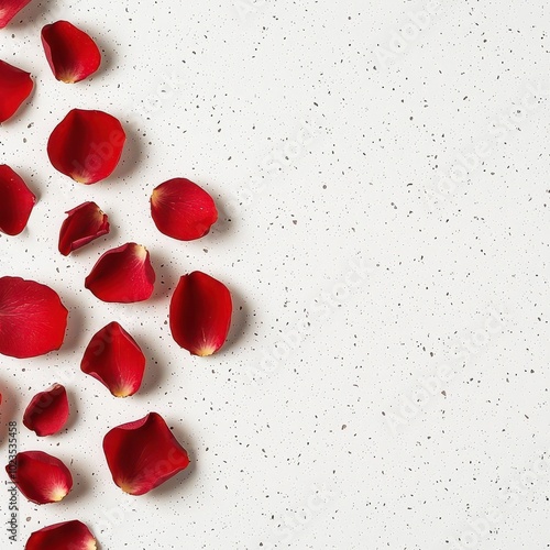 Delicate red rose petals scattered on a white background, creating a romantic and elegant atmosphere. photo