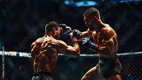 Two professional mma fighters aggressively exchanging punches during fight photo