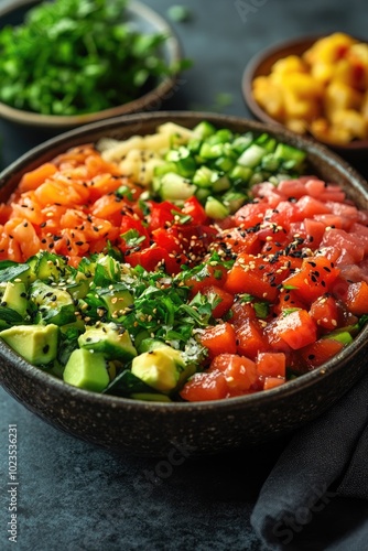 Delicious Healthy Poke Bowl Served with Fresh Ingredients