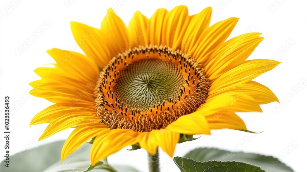 Fototapeta premium A single bright sunflower, showcasing its large petals and vibrant yellow color, isolated on white background. 
