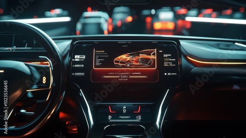 A futuristic dashboard displaying an adaptive cruise control interface for autonomous cars, with sleek holographic indicators showing speed adjustments, surrounding traffic.