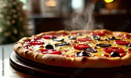 Fresh baked hot Italian Pizza on blurred Christmas festive background with christmas tree and fireplace. photo