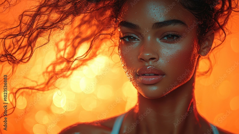 A close-up portrait of a young woman with curly hair, glowing skin, and an intense gaze against a vibrant orange background. The image exudes warmth and confidence. A close-up portrait of a young woman with curly hair, glowing skin, and an intense gaze against a vibrant orange background. The image exudes warmth and confidence.