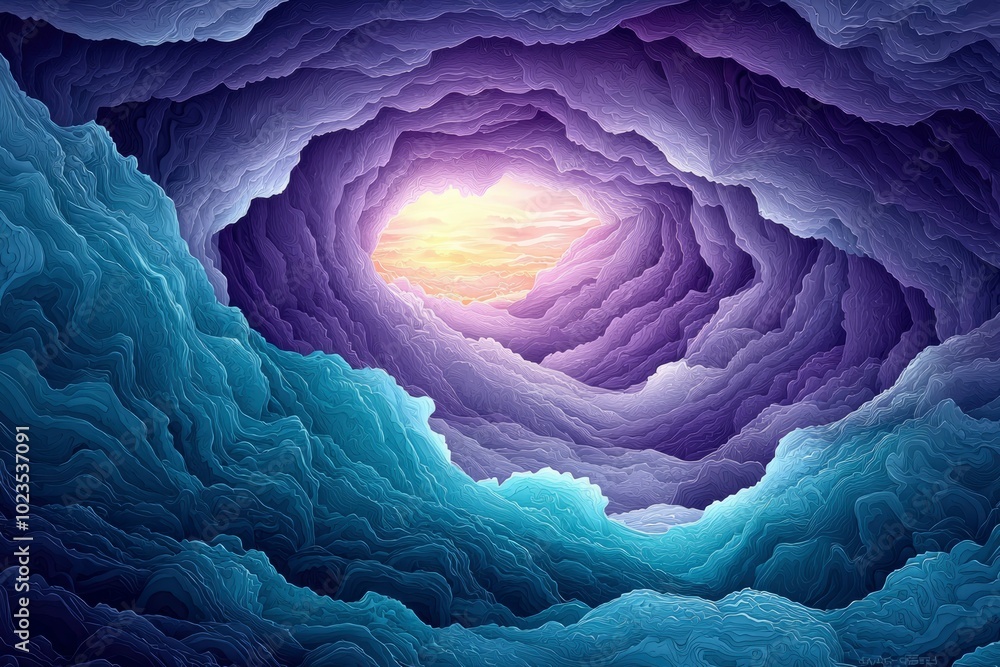 Fototapeta premium A Vivid Abstract Depiction of a Mountain Range with a Sunset Sky Visible Through a Crevice