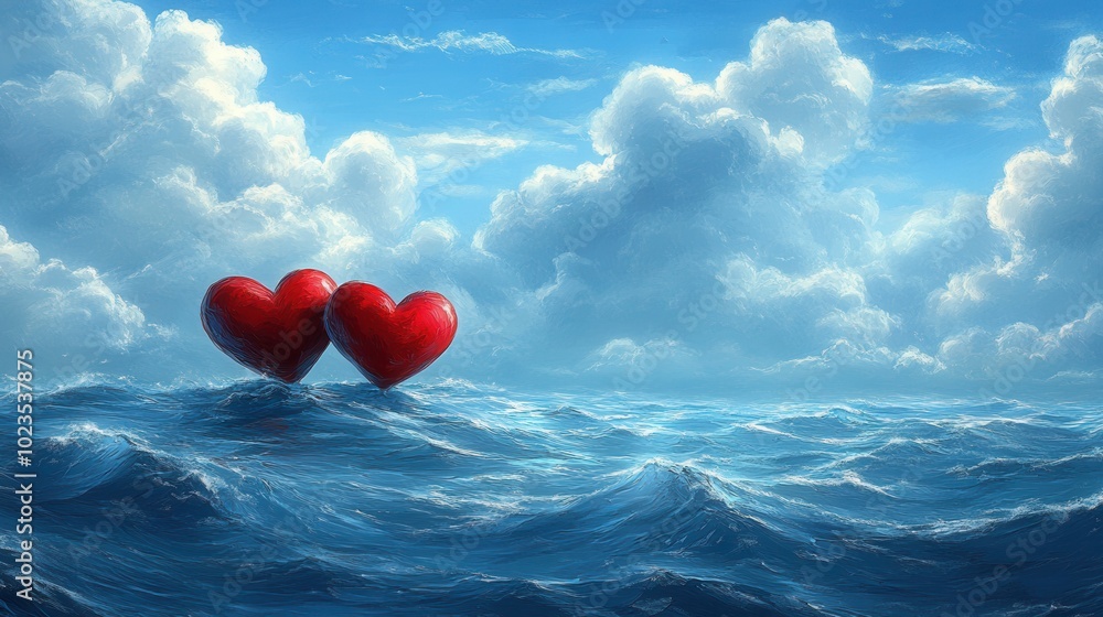 Fototapeta premium In a serene ocean setting, two bright red hearts gently bob on the waves, surrounded by a stunning blue sky dotted with fluffy white clouds, creating a romantic and peaceful atmosphere.