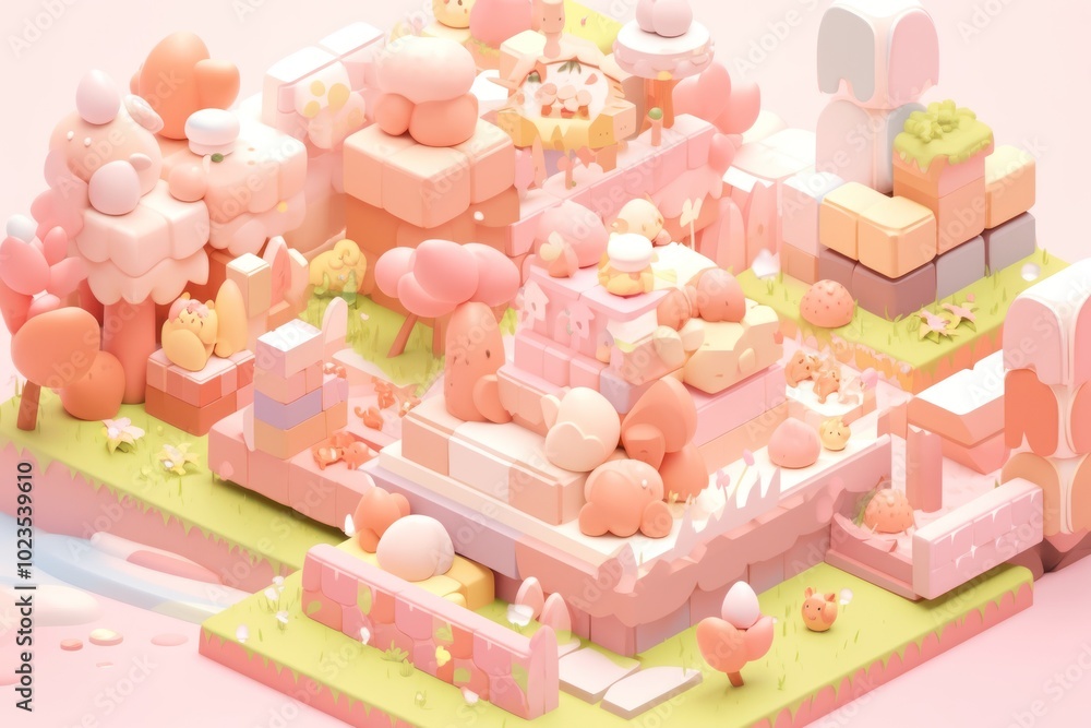 A 3D Pastel-Colored Fantasy Landscape with Cartoon Animals A 3D Pastel-Colored Fantasy Landscape with Cartoon Animals