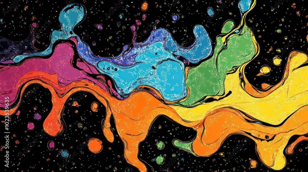 Vibrant abstract design with colorful splashes against a dark background. Vibrant abstract design with colorful splashes against a dark background.