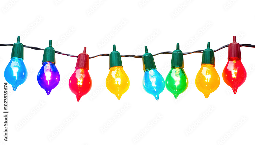 A string of colorful Christmas lights with bulbs lit up in red, green, blue, and yellow isolated on transparent background
