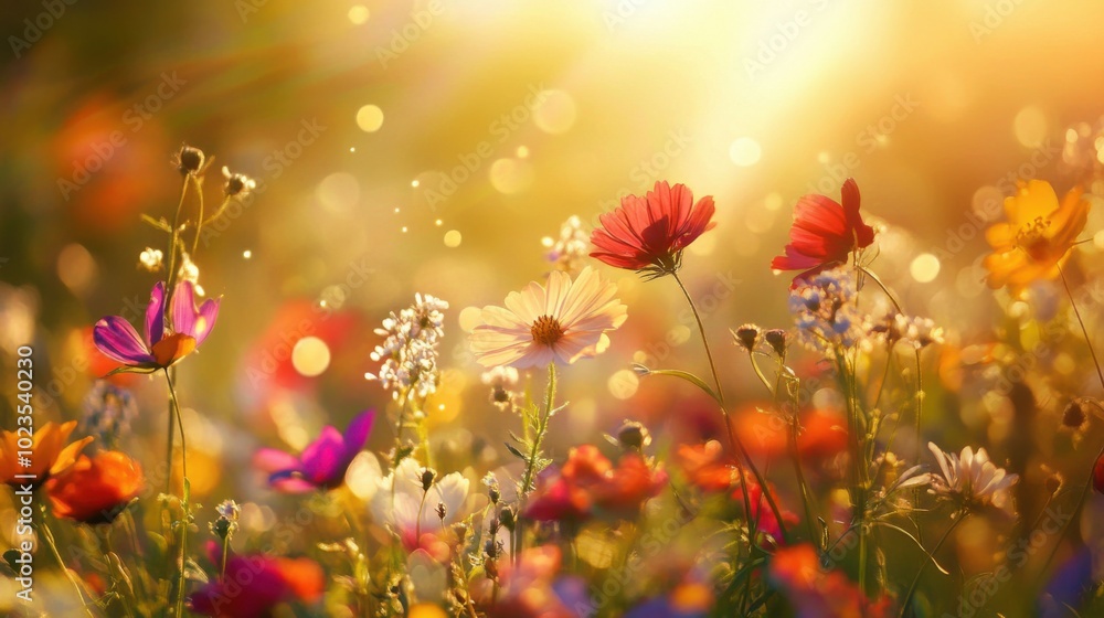 Fototapeta premium Wildflowers blooming, close-up of colorful flowers in the sunlight, vibrant meadow