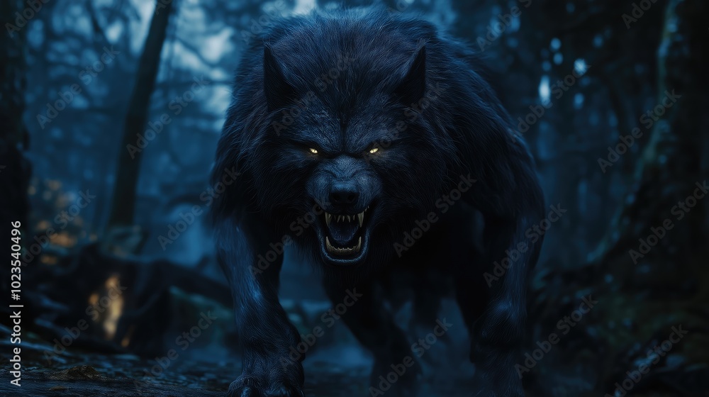 Scary werewolf attacks in the evening forest. Creepy black werewolf. Scary werewolf attacks in the evening forest. Creepy black werewolf.