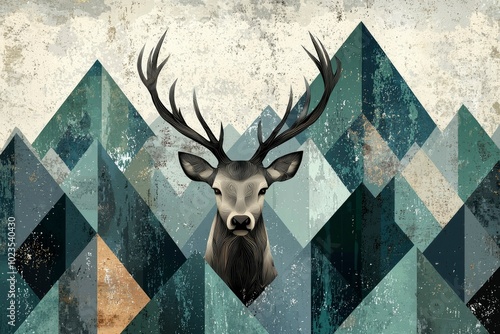 Abstract Geometric Mountain Landscape with a Deer's Head photo