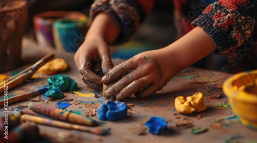 Child's Hands Covered in Clay Shaping a Small Object
