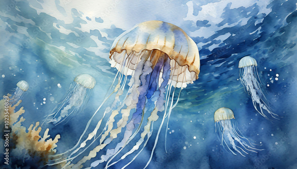 Colorful jellyfish swim gracefully in a serene underwater environment with soft waves and coral during a sunny day Colorful jellyfish swim gracefully in a serene underwater environment with soft waves and coral during a sunny day