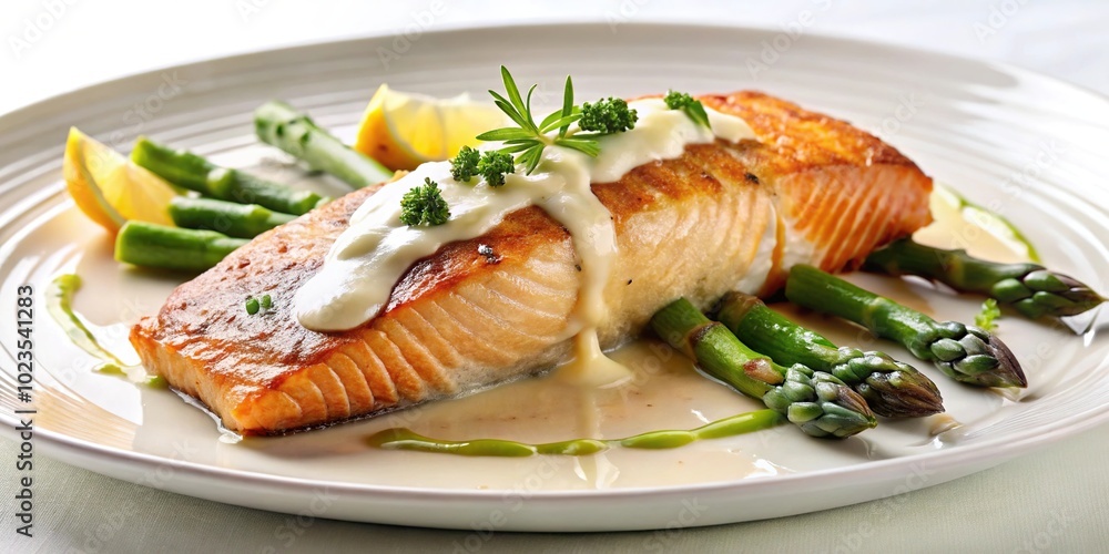 Gourmet dinner plate with seared salmon, asparagus, and creamy sauce at a tilted angle Gourmet dinner plate with seared salmon, asparagus, and creamy sauce at a tilted angle