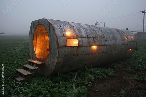 A rustic, repurposed metal cylinder house with glowing windows and a wooden staircase in a foggy field.