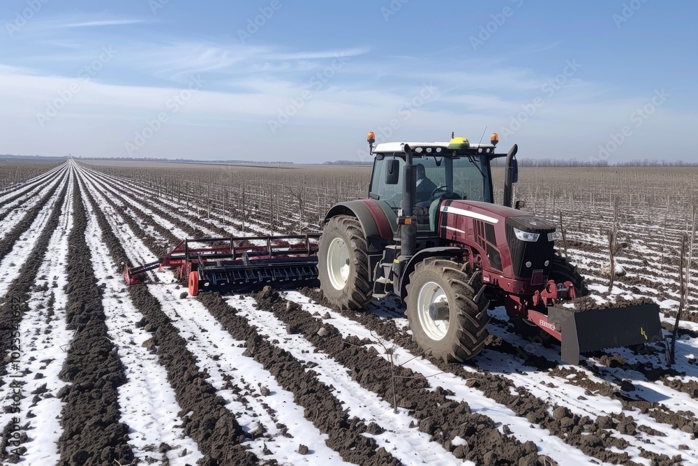 Obraz premium A red tractor works the soil in a field with rows of young trees. The ground is partially covered with snow.