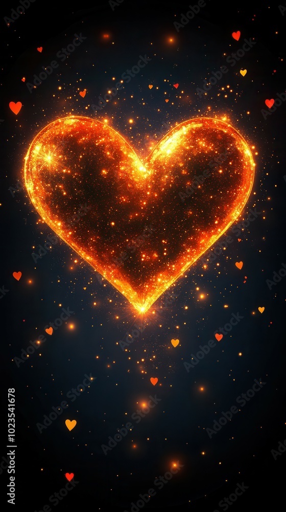 A bright heart shape radiates warmth with glowing sparks, surrounded by smaller red hearts drifting through a dark backdrop. The scene evokes feelings of love and passion, perfect for romantic occasio A bright heart shape radiates warmth with glowing sparks, surrounded by smaller red hearts drifting through a dark backdrop. The scene evokes feelings of love and passion, perfect for romantic occasio