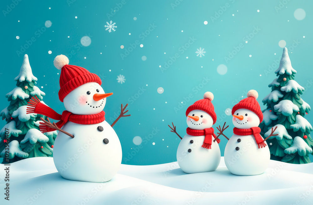 Funny snowmen in red hats and scarf in the winter forest. Illustration Funny snowmen in red hats and scarf in the winter forest. Illustration