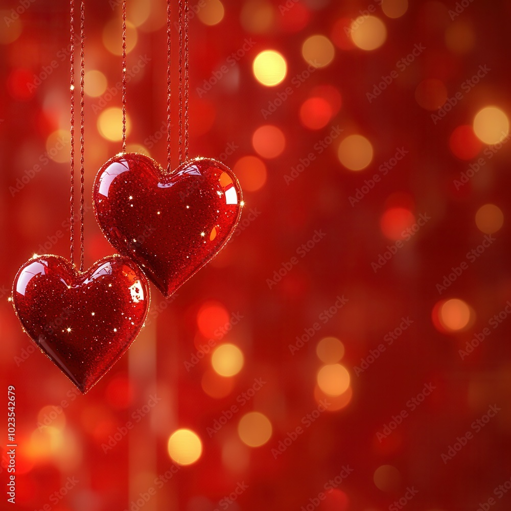 Two sparkling red hearts dangle gracefully, illuminated by a soft bokeh backdrop in warm hues of red and gold. This romantic setting evokes love and celebration, perfect for special occasions like ann Two sparkling red hearts dangle gracefully, illuminated by a soft bokeh backdrop in warm hues of red and gold. This romantic setting evokes love and celebration, perfect for special occasions like ann
