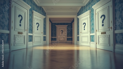 Hallway with multiple doors marked with question marks, symbolizing uncertainty and choices.