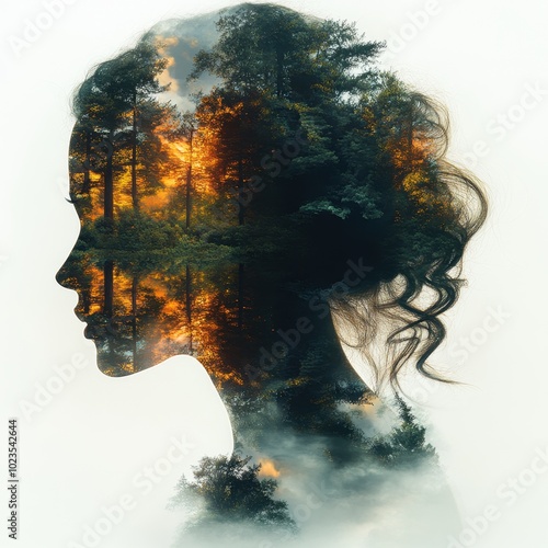 A womasilhouette blended with a forest at dawn, where her hair transitions into tree branches. The forest is isolated against a white background, enhancing the contrast between her form  photo