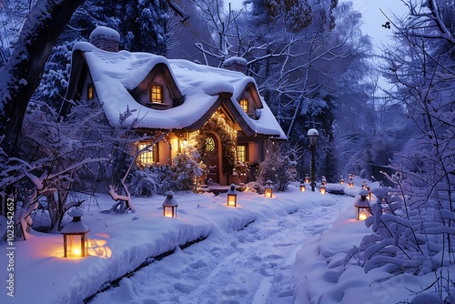 A cozy cottage with a steeply pitched roof, snow-covered dormer windows, and a warm glow from the fireplace inside photo