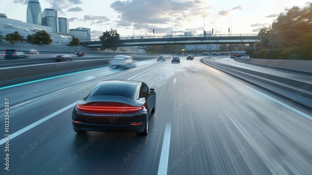 Autonomous car on a highway, seamlessly adjusting its speed to match surrounding traffic, with a visual interface highlighting adaptive cruise control technology in real-time. Autonomous car on a highway, seamlessly adjusting its speed to match surrounding traffic, with a visual interface highlighting adaptive cruise control technology in real-time.