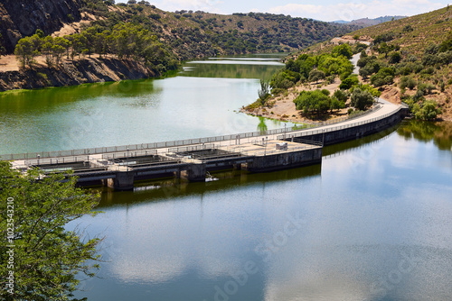 Electric power. Hydroelectric power station in a reservoir on the Tagus River (Spain)