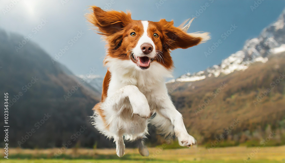 A joyful dog leaps playfully in a scenic mountain valley during bright daylight, surrounded by nature's beauty A joyful dog leaps playfully in a scenic mountain valley during bright daylight, surrounded by nature's beauty