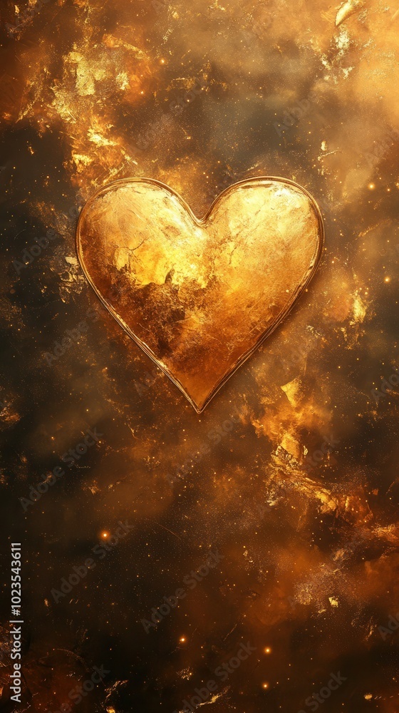 A striking golden heart radiates warmth and light, suspended in a vast cosmic backdrop filled with swirling galaxies and starry depths. This captivating scene evokes feelings of love and wonder in the A striking golden heart radiates warmth and light, suspended in a vast cosmic backdrop filled with swirling galaxies and starry depths. This captivating scene evokes feelings of love and wonder in the