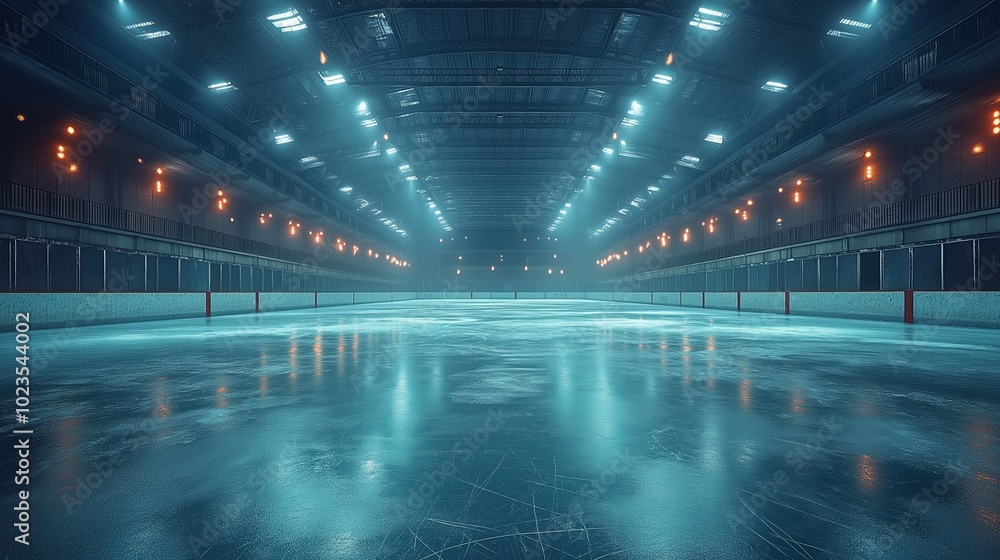 Empty ice hockey arena with illuminated lights reflecting on the smooth surface, ready for a game Empty ice hockey arena with illuminated lights reflecting on the smooth surface, ready for a game