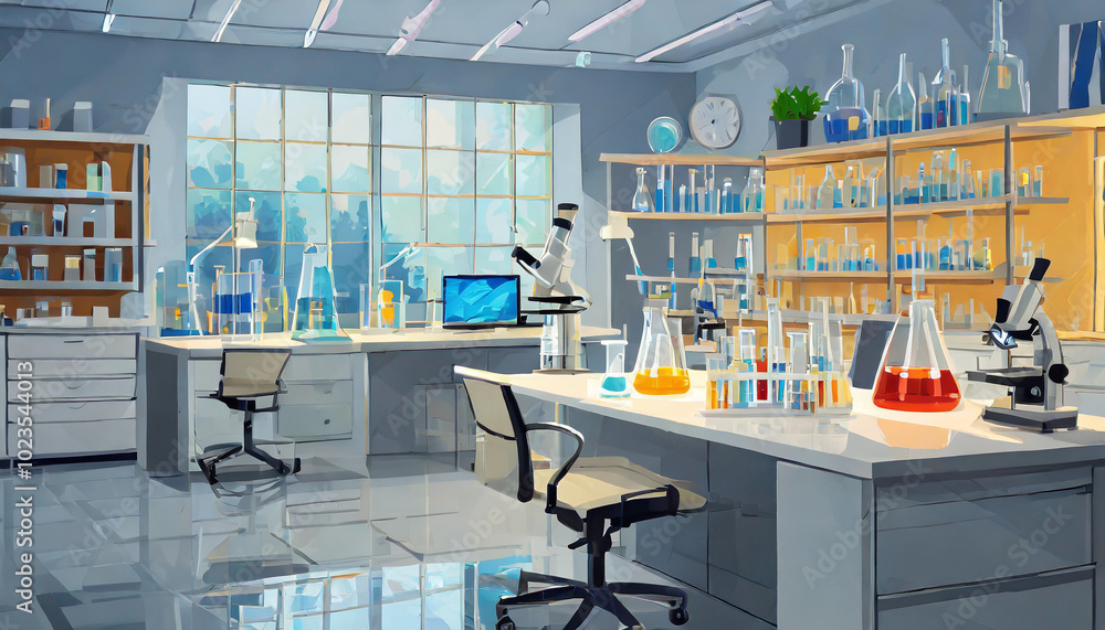 A brightly lit modern laboratory with glassware and equipment ready for scientific experiments during the daytime A brightly lit modern laboratory with glassware and equipment ready for scientific experiments during the daytime