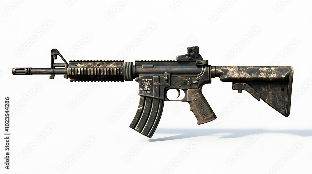 A detailed image of a worn-out rifle, showcasing its design and functionality. A detailed image of a worn-out rifle, showcasing its design and functionality.