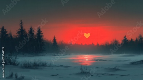 A tranquil winter sunset illuminates the sky with a heart-shaped sun above a frozen lake. Tall evergreen trees line the horizon, creating a peaceful atmosphere as soft colors blend in the evening sky.