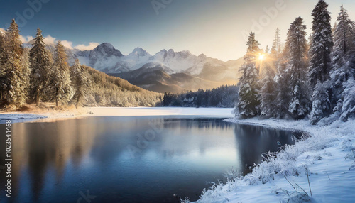 Breathtaking winter landscape featuring snow-covered mountains and a serene lake reflecting the rising sun