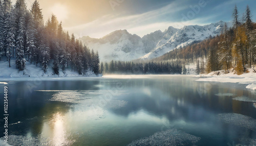 Snow-covered mountains reflect in the calm waters of a serene lake during a peaceful sunrise in a winter landscape