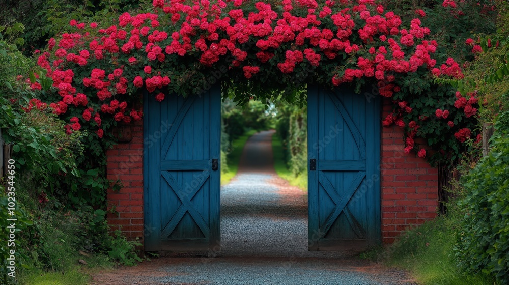 A charming blue gate adorned with red roses, opening to a peaceful garden path A charming blue gate adorned with red roses, opening to a peaceful garden path