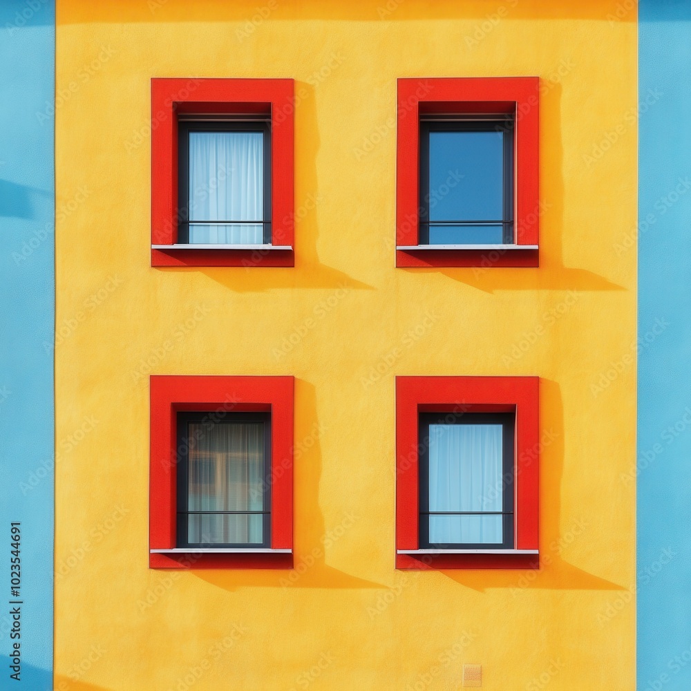 The stark contrast of red-framed windows on yellow and blue blended wall creates a unique grid pattern with sunlight shadows that adds depth onto this urban architectural space. The stark contrast of red-framed windows on yellow and blue blended wall creates a unique grid pattern with sunlight shadows that adds depth onto this urban architectural space.