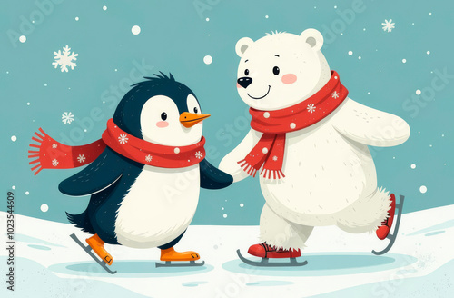 Polar bear and penguin in red scarves skating in winter forest. Illustration