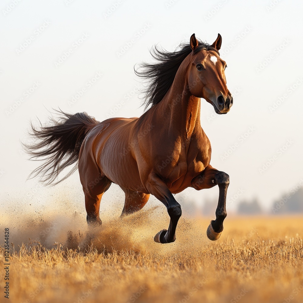 Obraz premium A running horse combined with rolling hills that dissolve into the white background. The dynamic motion of the horse contrasts sharply with the simplicity of the backdrop. AR: 3:2 to capture