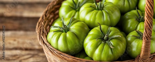 Basket of green tomatoes with information about solanine content photo